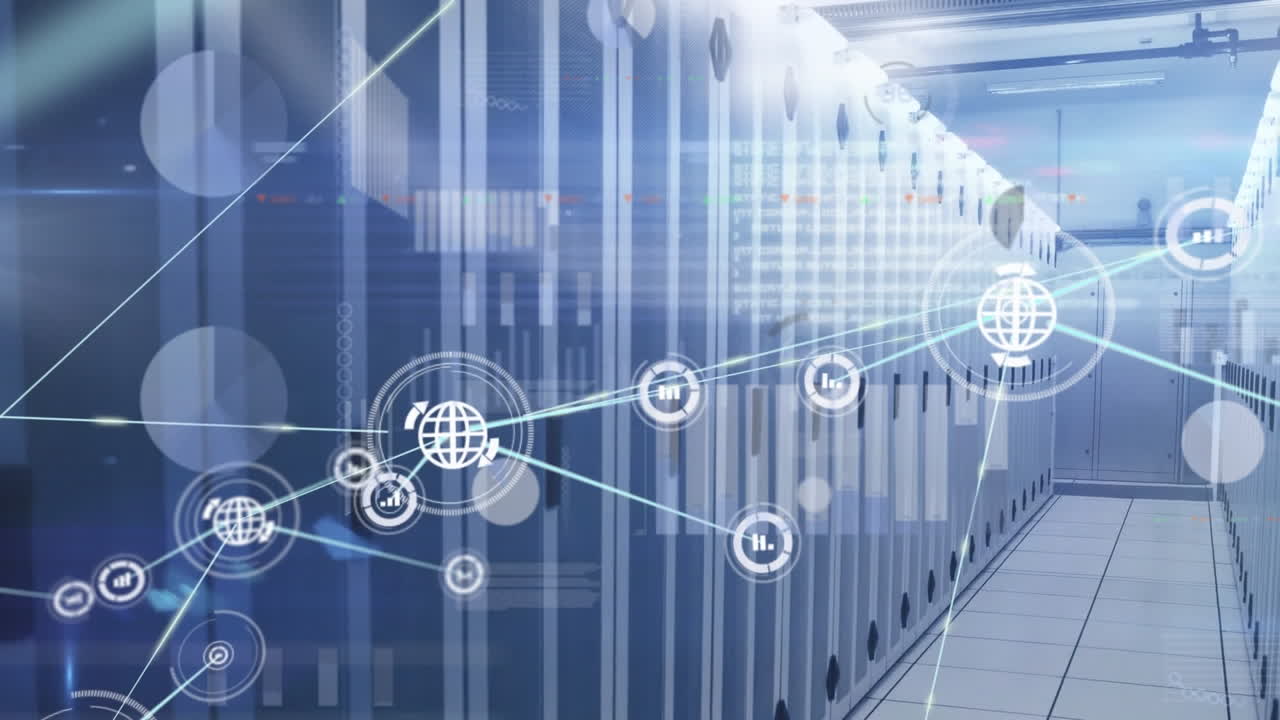 아이콘과 데이터 처리를 가진 네트워크의 애니메이션과 컴퓨터 서버를 가진 기술 방을 통해