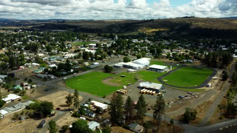 us, oregon, elgin, 2025-08-07 - drone view of elgin high school in summer