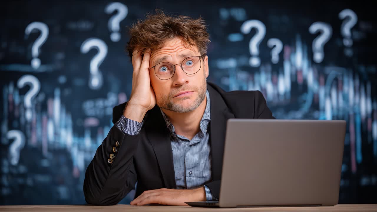 A Confused Professional Contemplates Uncertainty While Staring at a Laptop Surrounded by Question Marks and Graphs, Representing Doubt in Decision-Making Processes