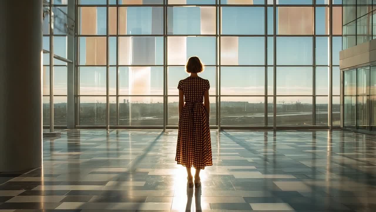 Kvinde i ternet kjole står ved store glasvinduer ved solnedgang