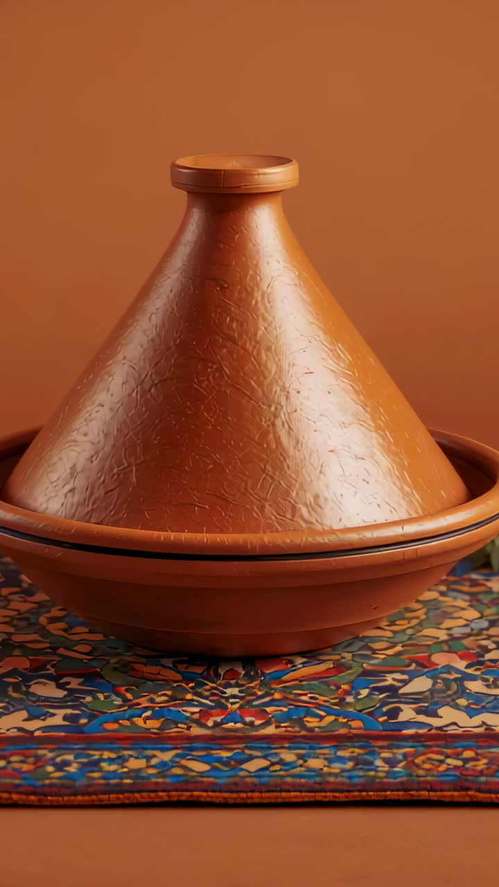 Video verticale: Telecamera che zooma mostrando una tajine di argilla su un tessuto stampato, con luce da studio per l'esposizione.