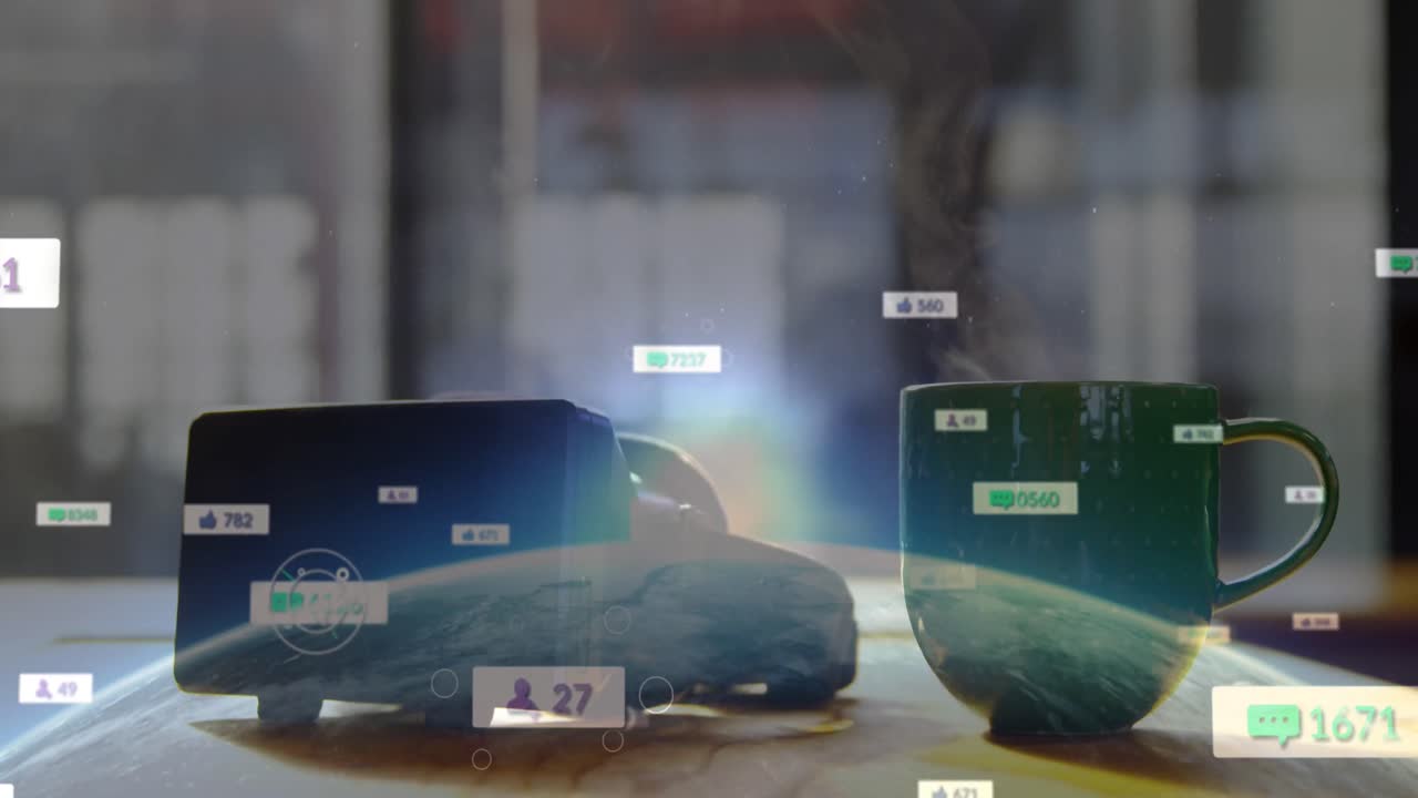 vr 헤드 ⁇ 과 커피 컵 위의 소셜 미디어 아이콘의 애니메이션