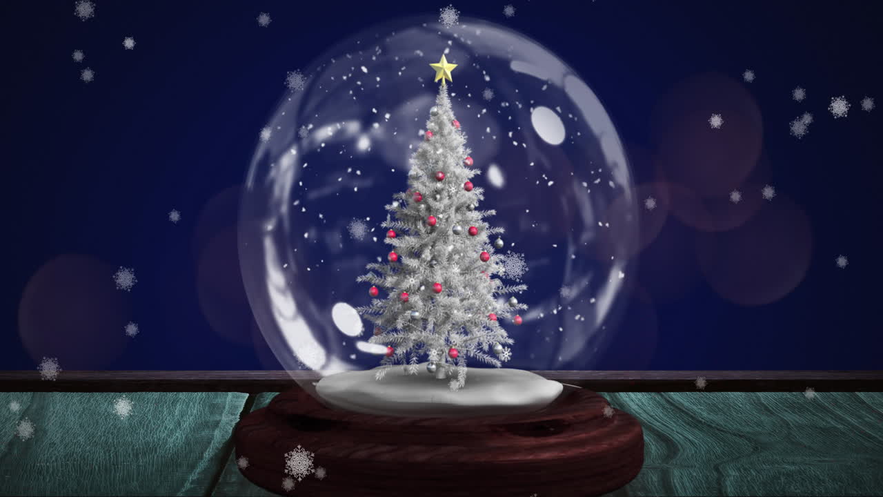 나무 표면 에 있는 스노우 글로브 에서 크리스마스 트리 주위 를 회전 하는  ⁇ 는 별 의 디지털 애니메이션
