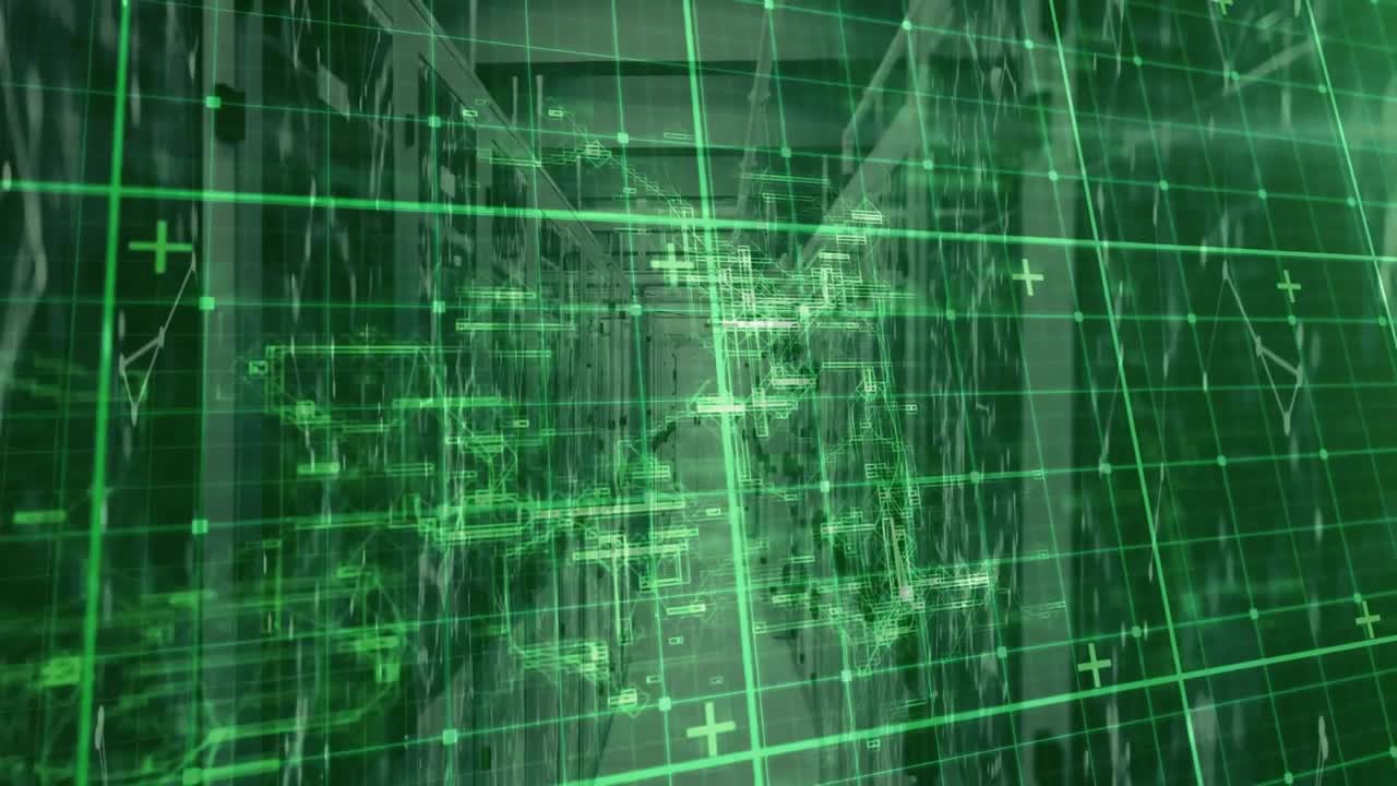 Upon start camera gliding forward along narrow rack aisle showing digital grid mapping deeper racks