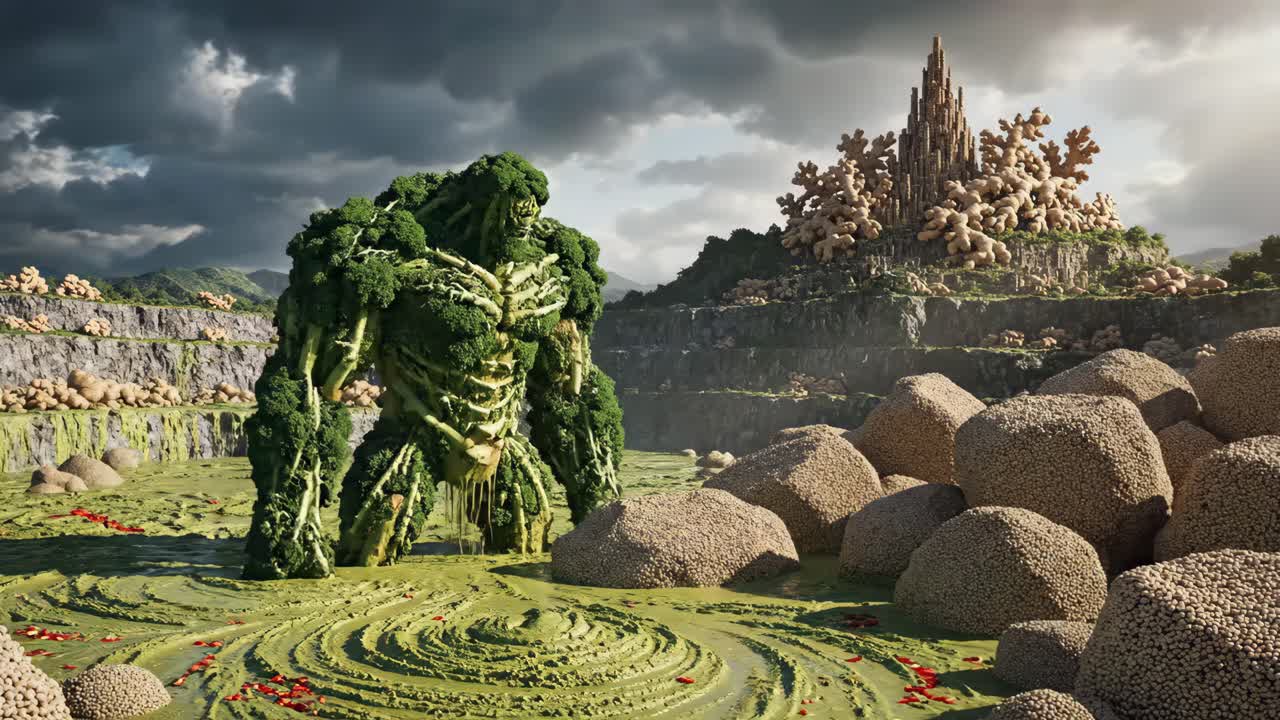 Broccoli Monster in a Surreal Stone Landscape