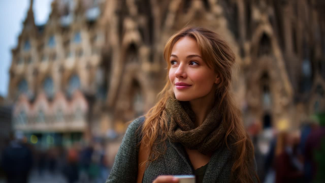 Eine Frau genießt eine Kaffeepause vor einem atemberaubenden architektonischen Wahrzeichen und versprüht Wärme und Charme inmitten einer lebhaften städtischen Kulisse