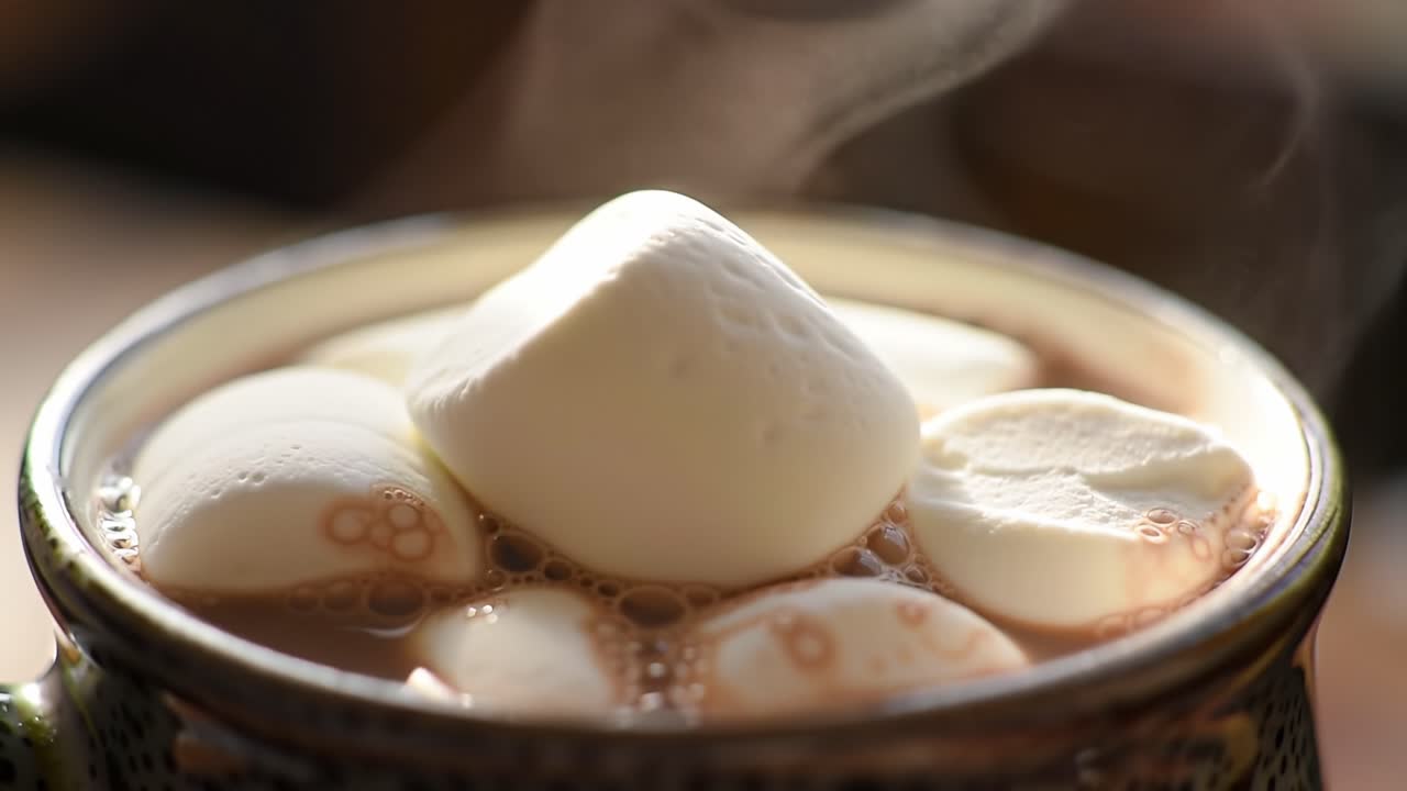 A Cozy Moment of Indulgence: A Close-Up View of Steaming Hot Chocolate Topped with Soft, Melting Marshmallows, Perfect for Chilly Days and Comforting Treats