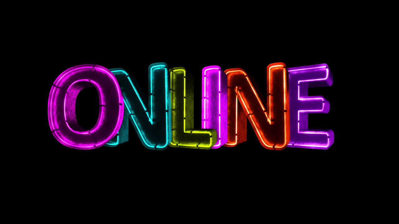 Neon Letters Spelling ONLINE Glowing on Black Background