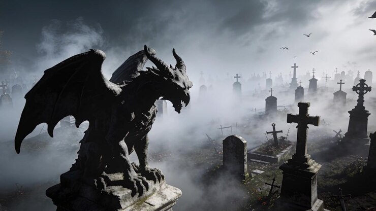 Panning camera exposing foggy cemetery graves, gargoyle perched, wind stirring birds, copy space