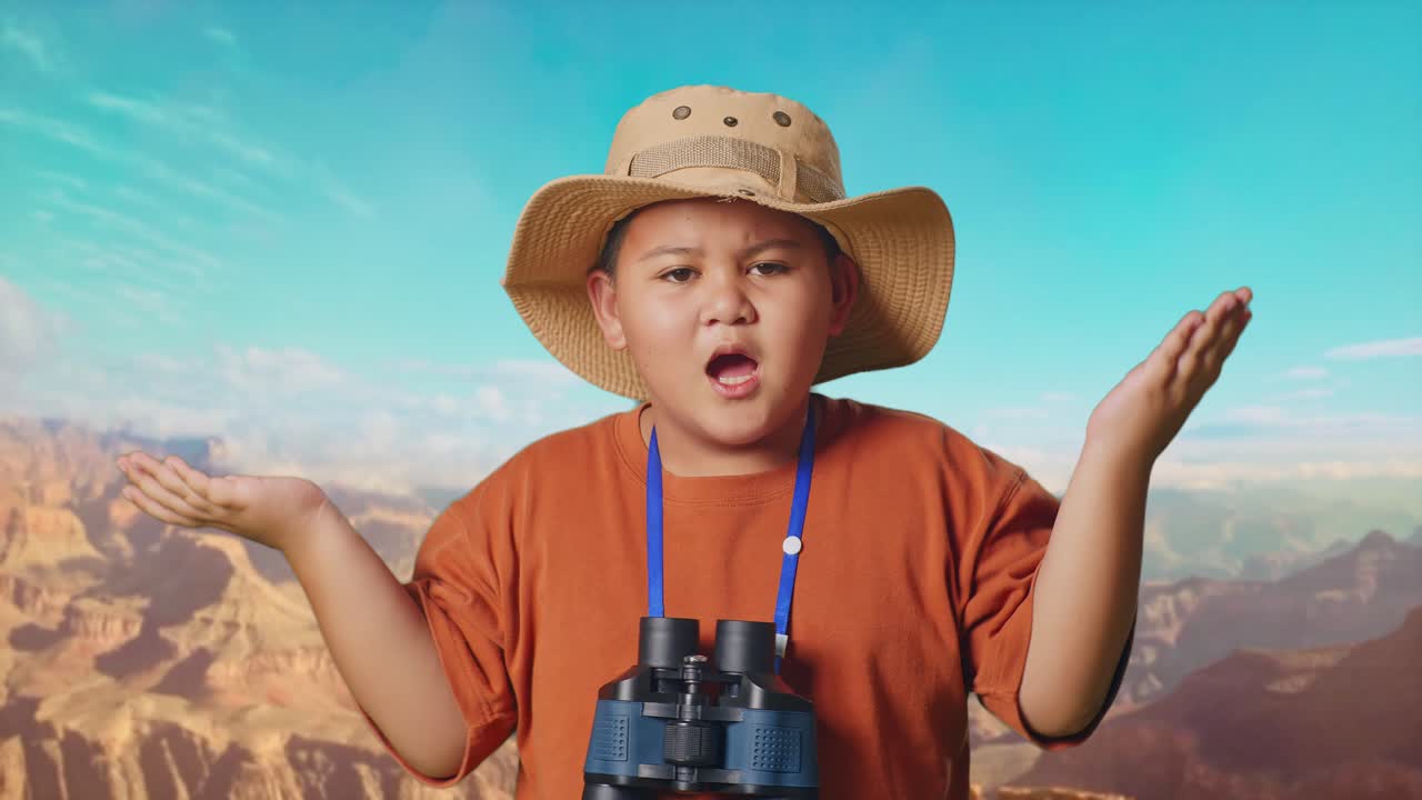 Asian Boy With A Hat Standing Doubtfully And Asking Why After Looking Through The Binoculars. Boy Researcher Examines Something While Traveling At The Top Of Mountain, Travel Adventure Concept, Close Up