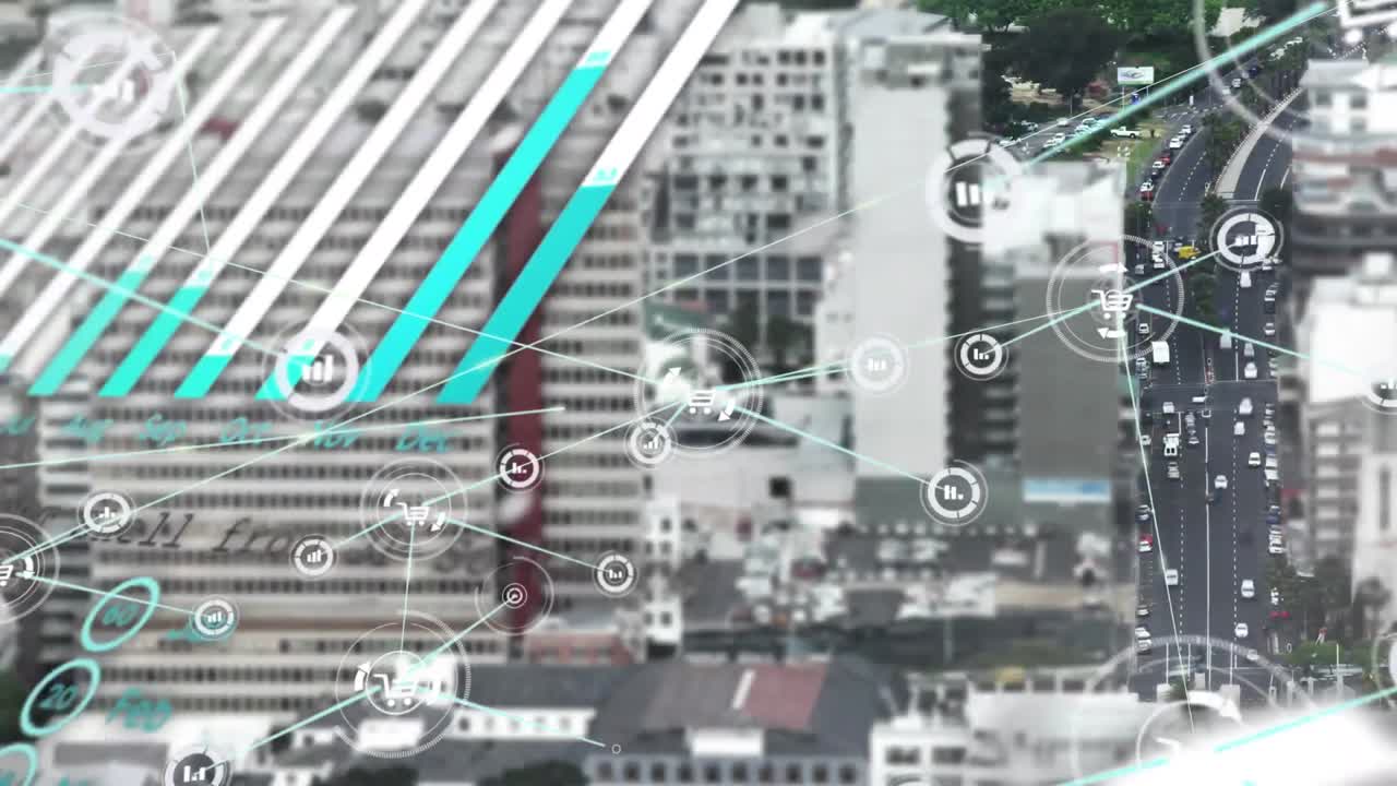animación de gráficos, lenguaje de computadora, globo, iconos conectados sobre edificios modernos