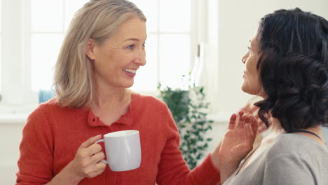 loving same sex mature female couple drinking coffee and talking in kitchen together