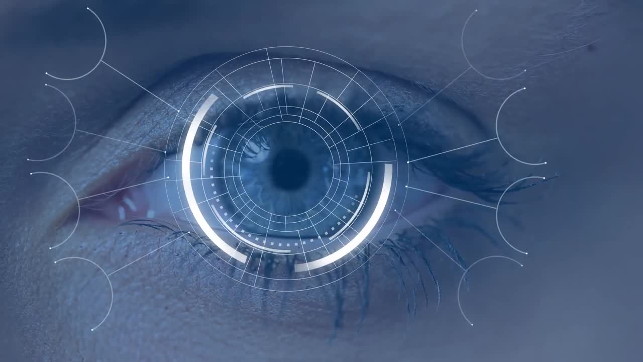 animación de la red de conexiones sobre el ojo femenino en fondo oscuro