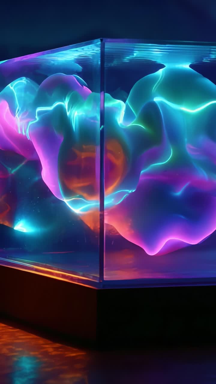 Straordinaria opera d'arte astratta fluida esposta in un cubo di vetro con vivaci colori neon che crea un'esperienza visiva ipnotica che cattura l'immaginazione