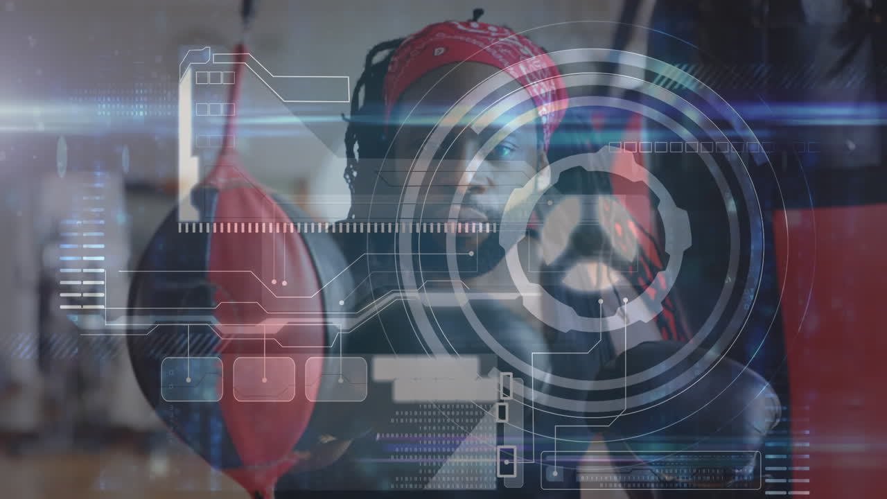 animación del procesamiento de datos en la pantalla sobre el boxeo del hombre fuerte