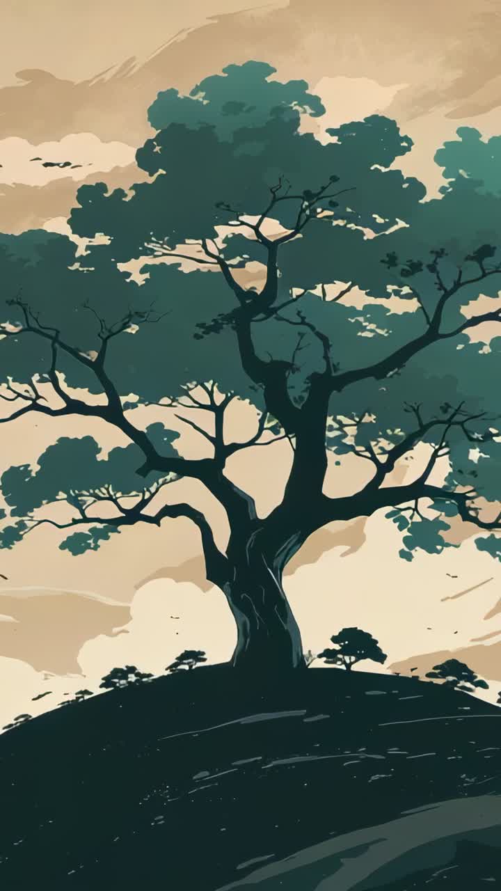 Vertical video: Panning camera across hill under golden sky capturing stylized tree drifting clouds