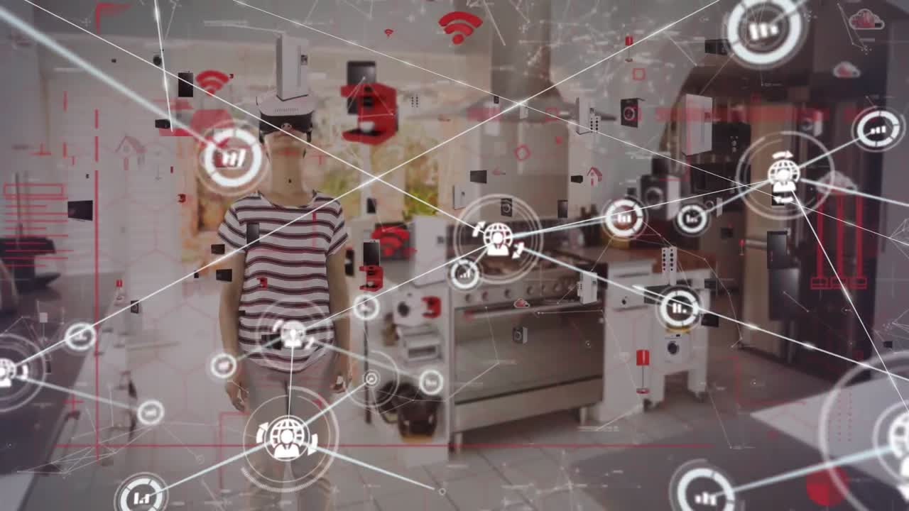 카우카스 여성 사업가 연결 네트워크를 통해 아이콘과 연결 네트워크의 애니메이션