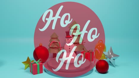 animation of christmas ho ho ho text over christmas decorations on blue background