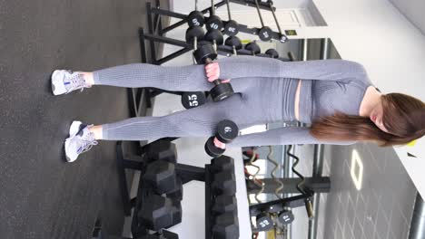 A young athletic girl trains in the gym lifting dumbbells. A girl is training in the fitness room. Arm training with dumbbells. Vertical video