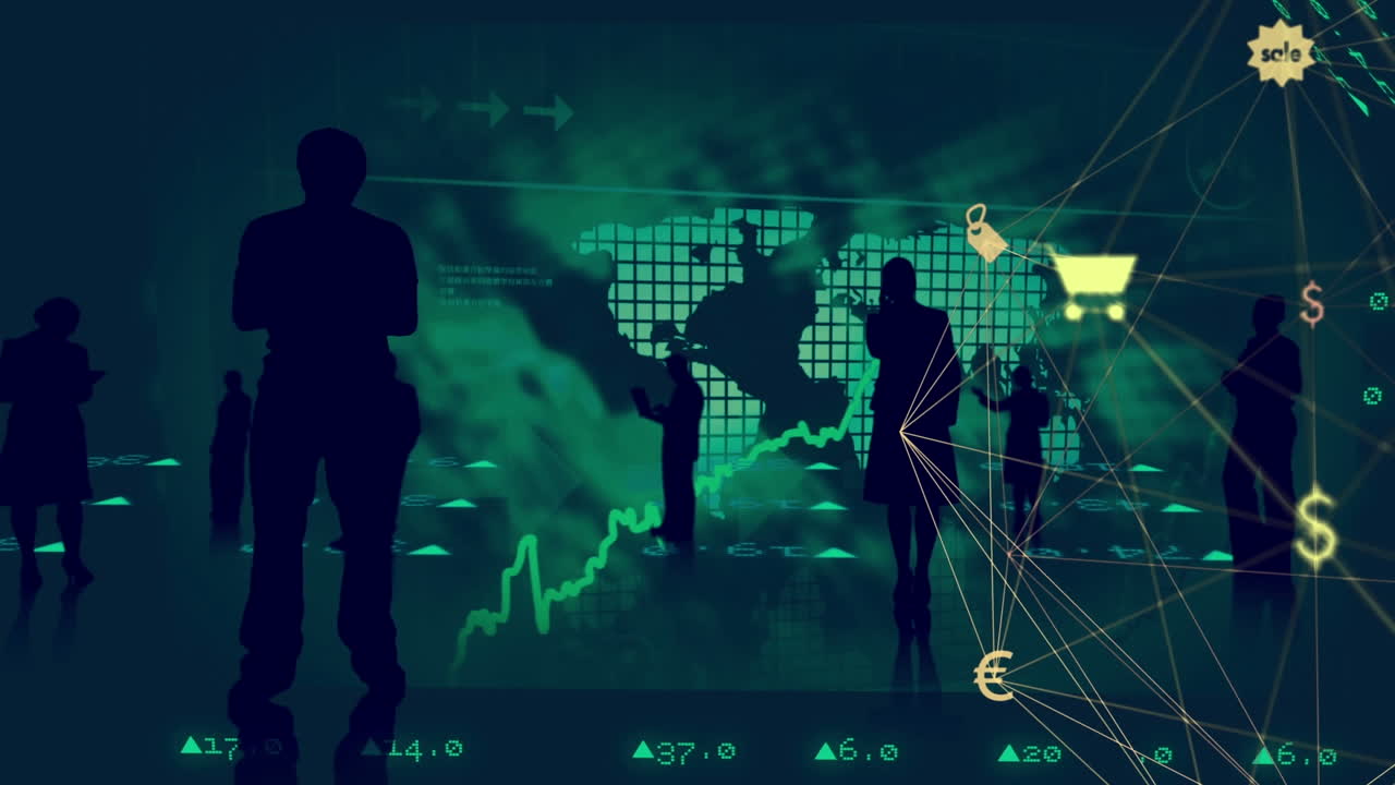 금융 데이터 처리의 애니메이션과 검은색 배경에 있는 사업가들의 실루