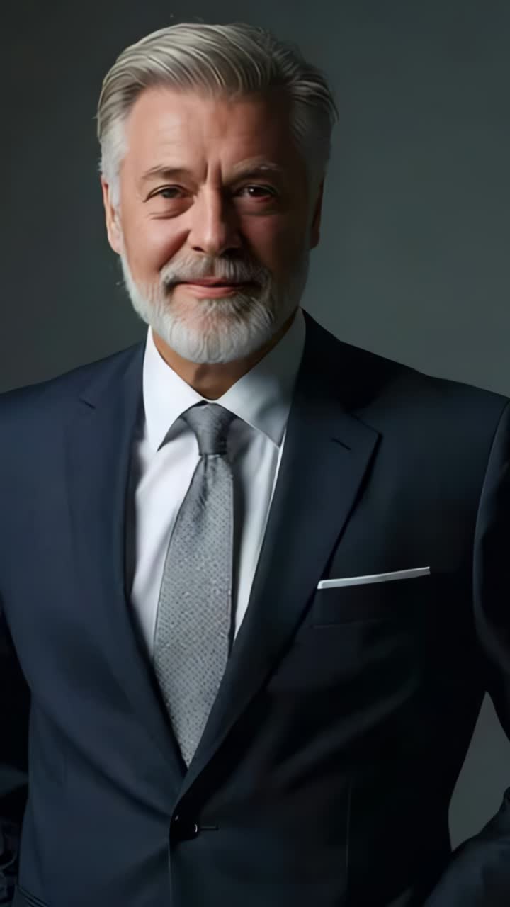 Vertical video: Senior man smiling and blinking at studio for portrait, with navy suit and gray tie