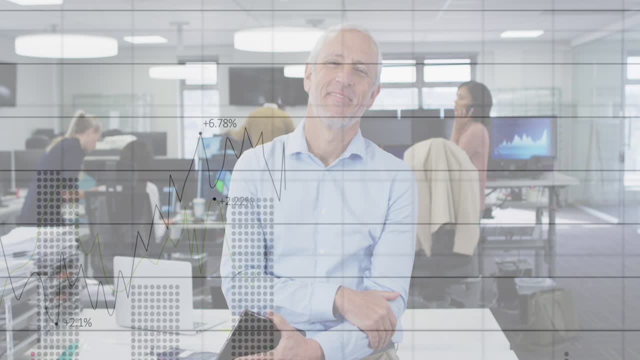la animación digital muestra las estadísticas comerciales globales con un equipo diverso.