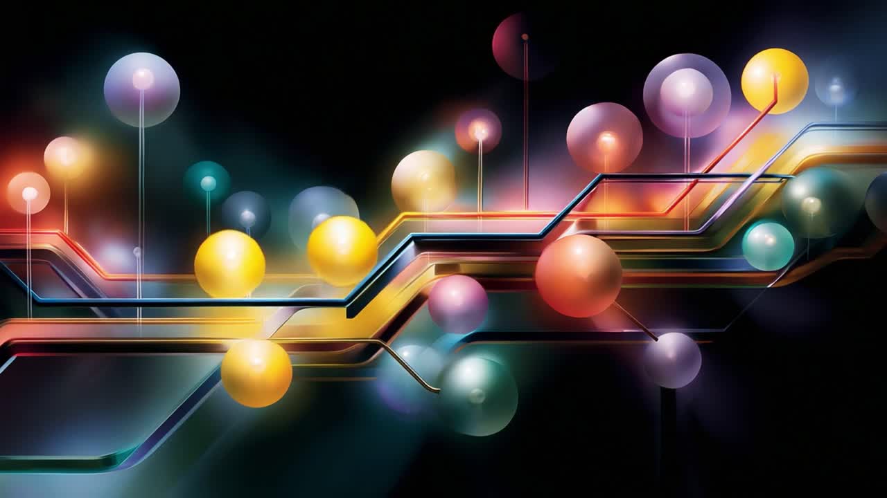 Vibrant Abstract Composition Featuring Colorful Spheres and Dynamic Lines, Capturing a Modern Vision of Energy Flow and Connectivity in a Digital Realm