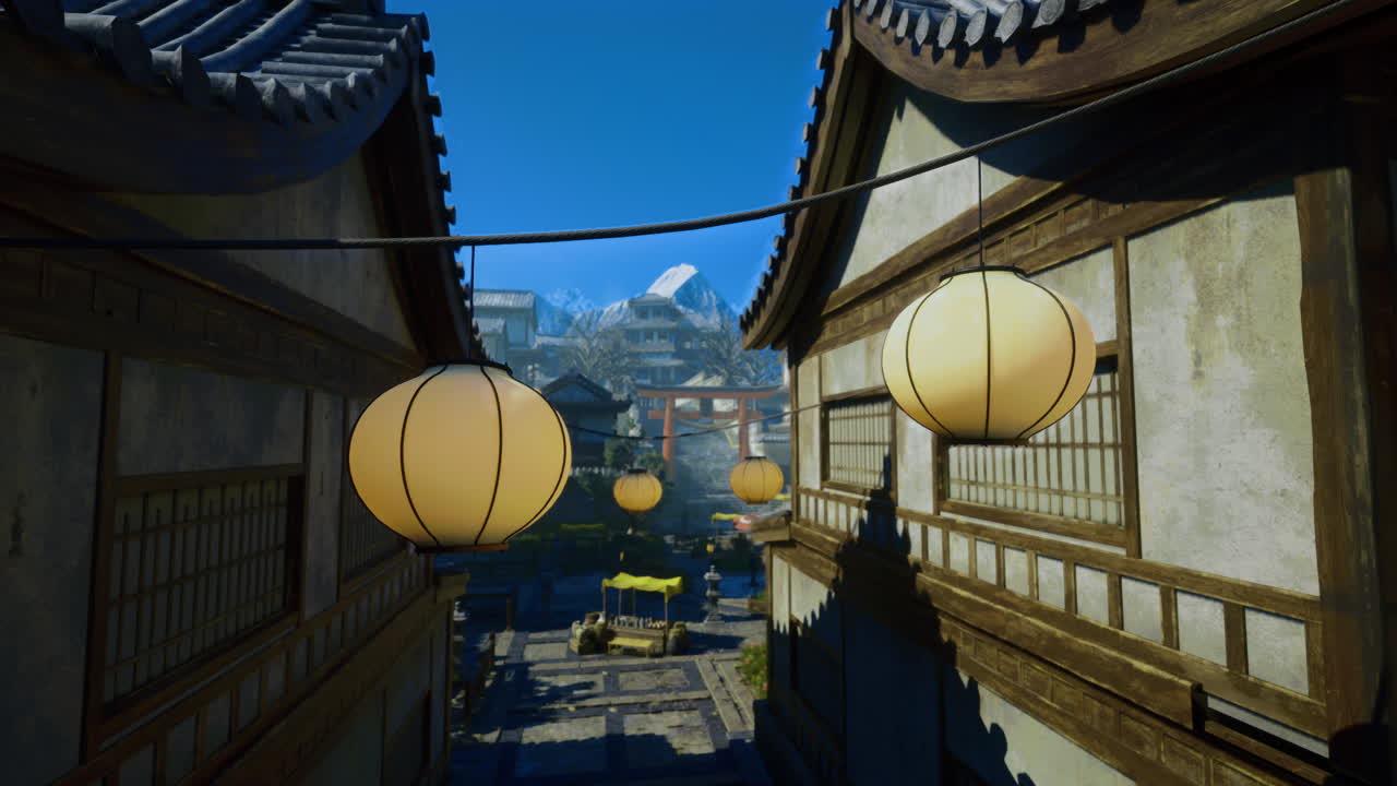 Lanterns illuminate a charming alleyway in a traditional japanese village