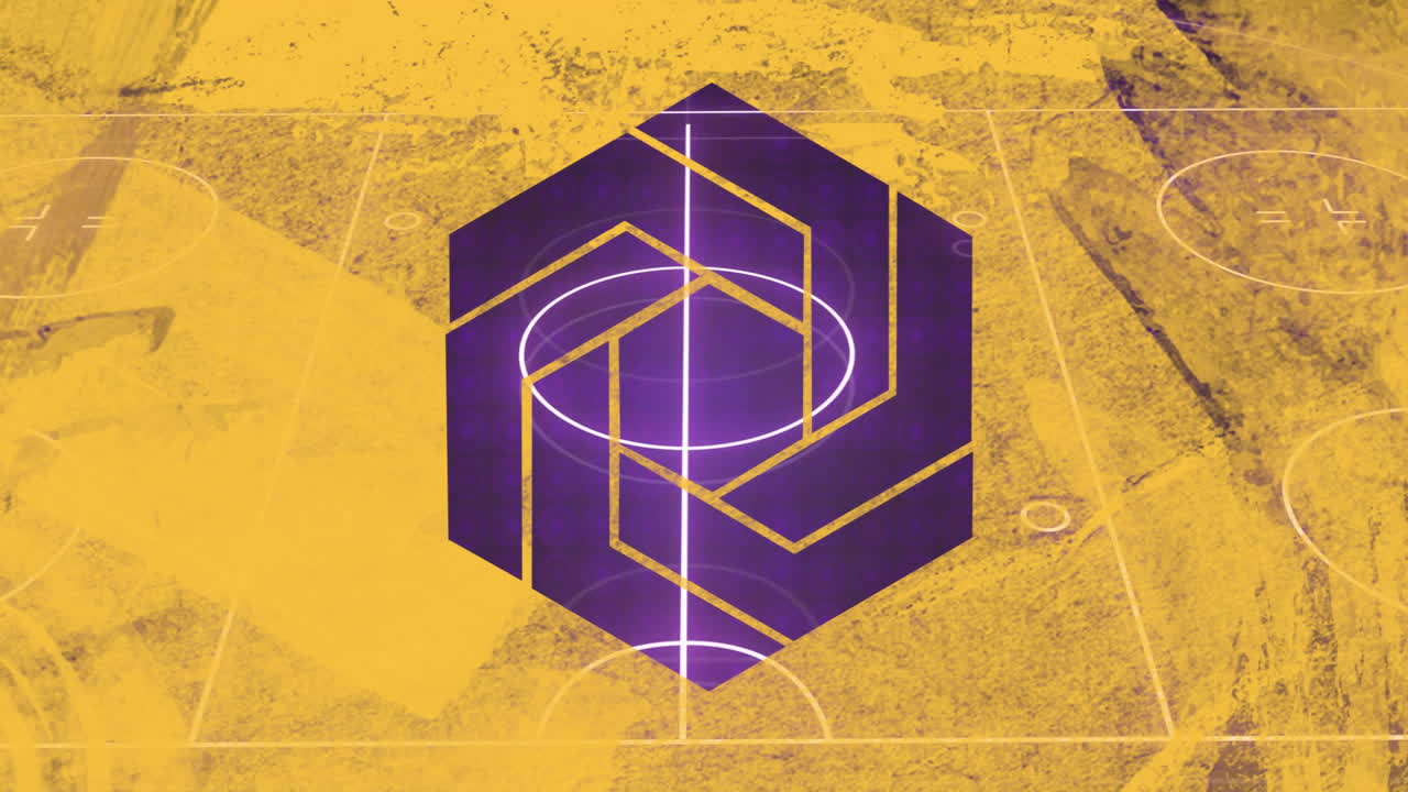 Animation of glowing geometric purple shape over yellow textured background