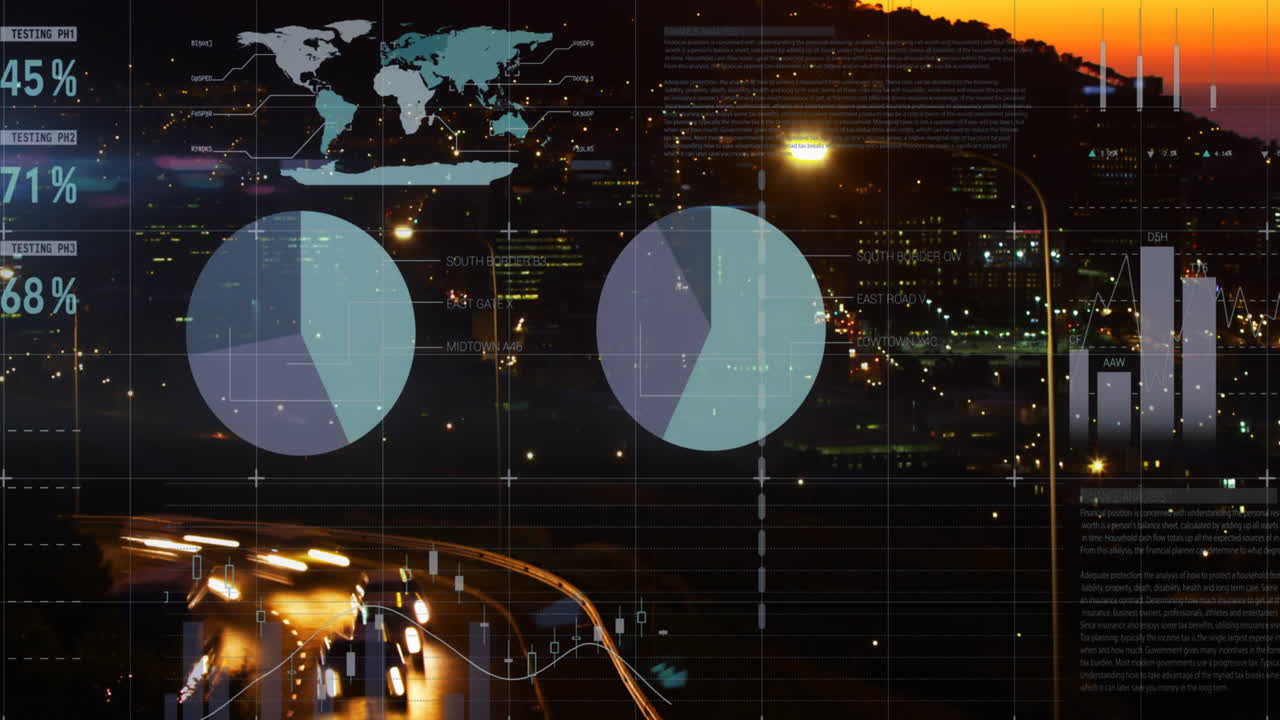 Animazione dell'elaborazione di dati finanziari su un paesaggio urbano