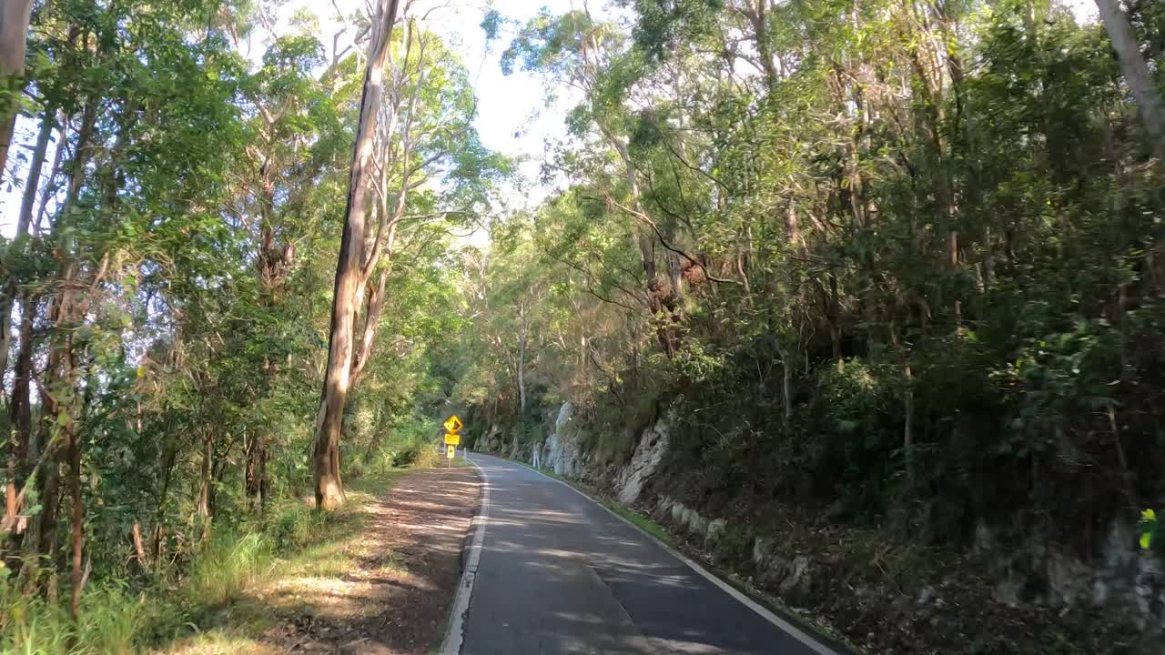 자연에 둘러싸인 휘어지는 길을 따라 여행하는 것