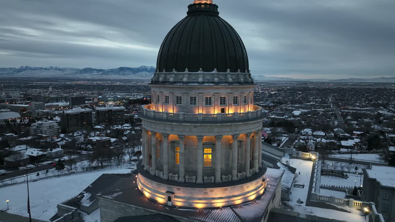 Aerial Orbit Around Utah State Capitol Dome in Winter Afternoon