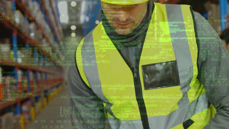 animation of data processing over man in warehouse