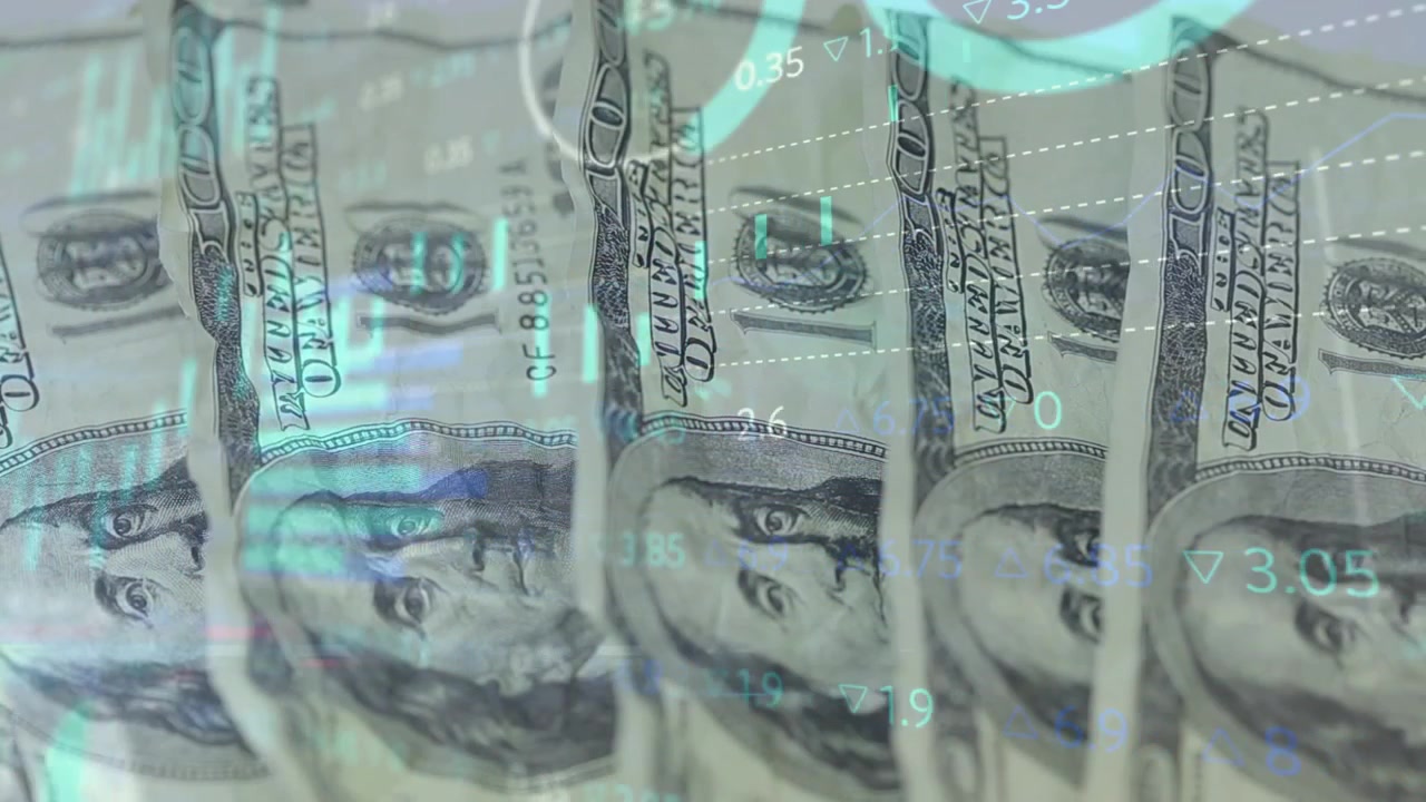 US 100-dollar bills with cyan overlay pulsing, hand entering lifting and fanning bills for counting
