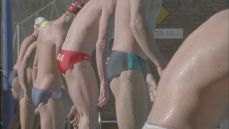 male swimmers dive in the pool and begin racing