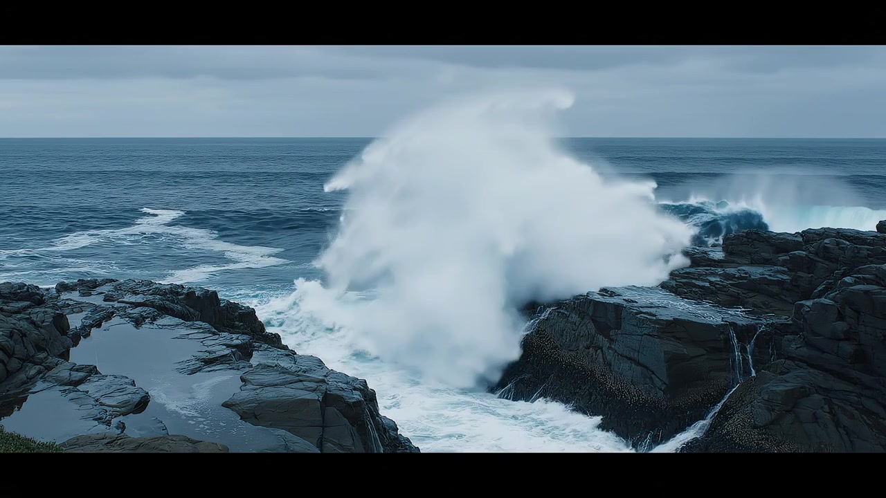 Powerful ocean waves crashing against dramatic dark rocky cliffs