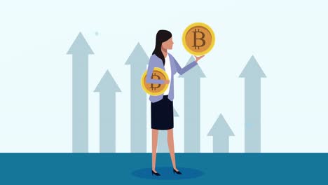 elegante mujer de negocios levantando bitcoins animación
