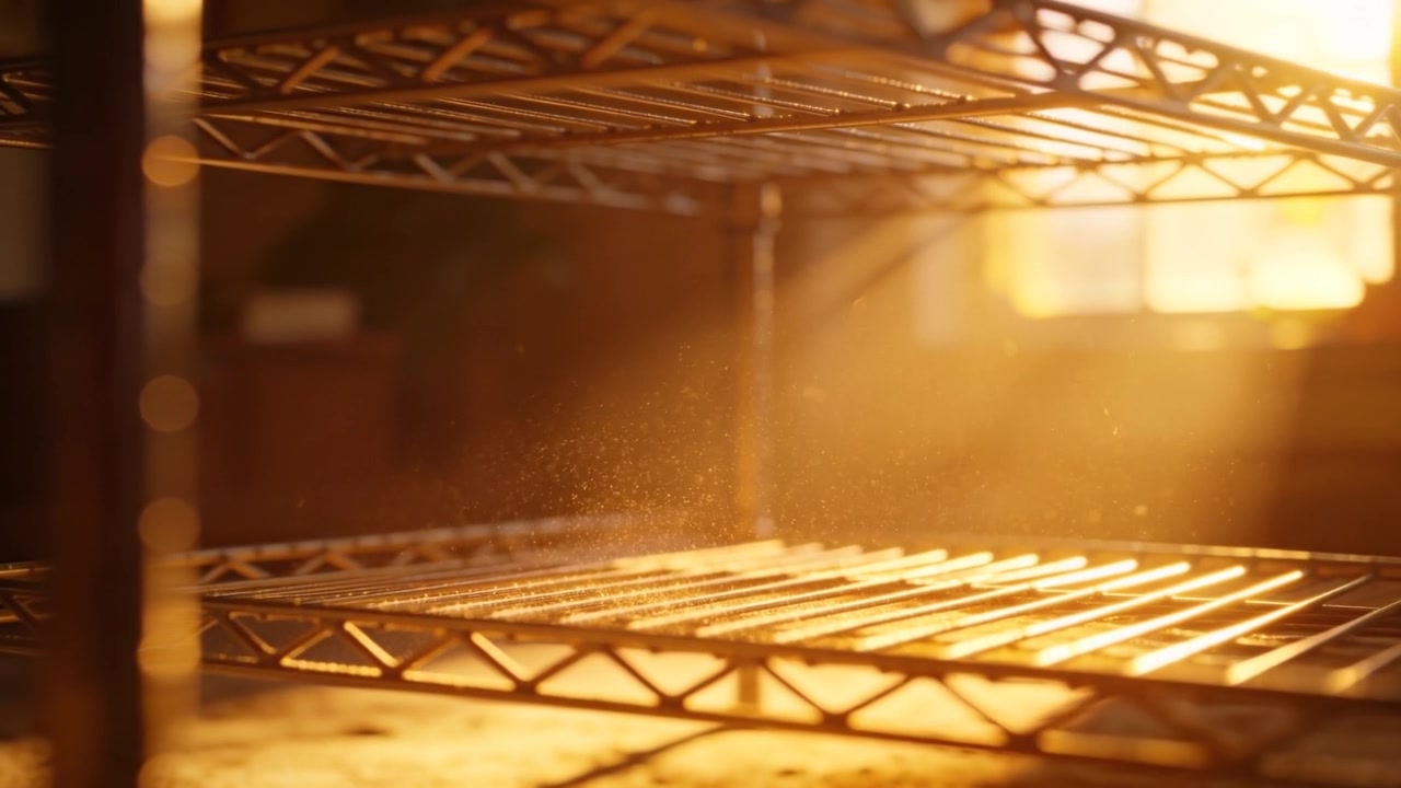 Riflettendo la luce solare crescente, uno scaffale metallico a rete proietta ombre sulla finestra, con pulviscolo