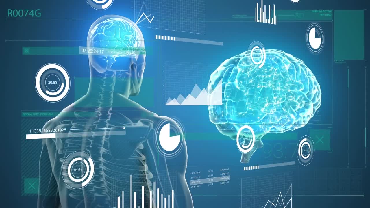 그래프의 애니메이션, 로딩 서클과 바가 인간의 몸과 뇌 위에 파란색 배경 위에