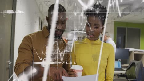 Animation of graphs, numbers, map and blockchain over african american coworkers discussing reports