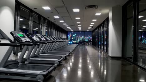 sleek treadmills aligned near floor to ceiling windows revealing nighttime urban landscape, creating peaceful fitness environment with dramatic city panorama illuminating exercise space