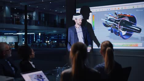 presentación de la conferencia de tecnología de energía verde: el ingeniero jefe de automoción presenta el diseño sostenible del motor ambiental a inversores y empresarios. la pantalla muestra un modelo en 3d de la turbina de electricidad
