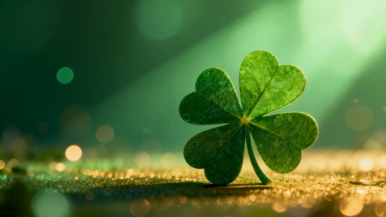 Drifting bright green orb passing over four-leaf clover on gold moss, showing veins with sunbeams
