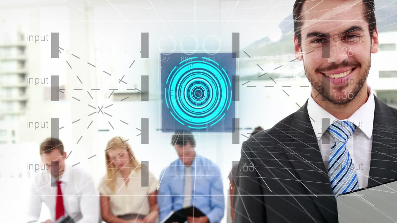 анимация графиков, текст 6g, компьютерный язык, кавказский мужчина, стоящий с цифровым планшетом