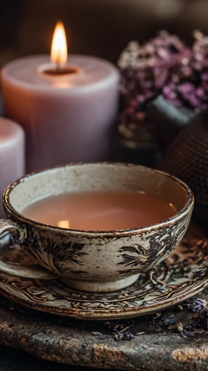 Una Serata Accogliente: Una Tazza di Tè Splendidamente Preparata Circondata da Morbida Luce di Candela e Fiori Delicati, Creando un'Atmosfera Serena per il Relax e la Riflessione