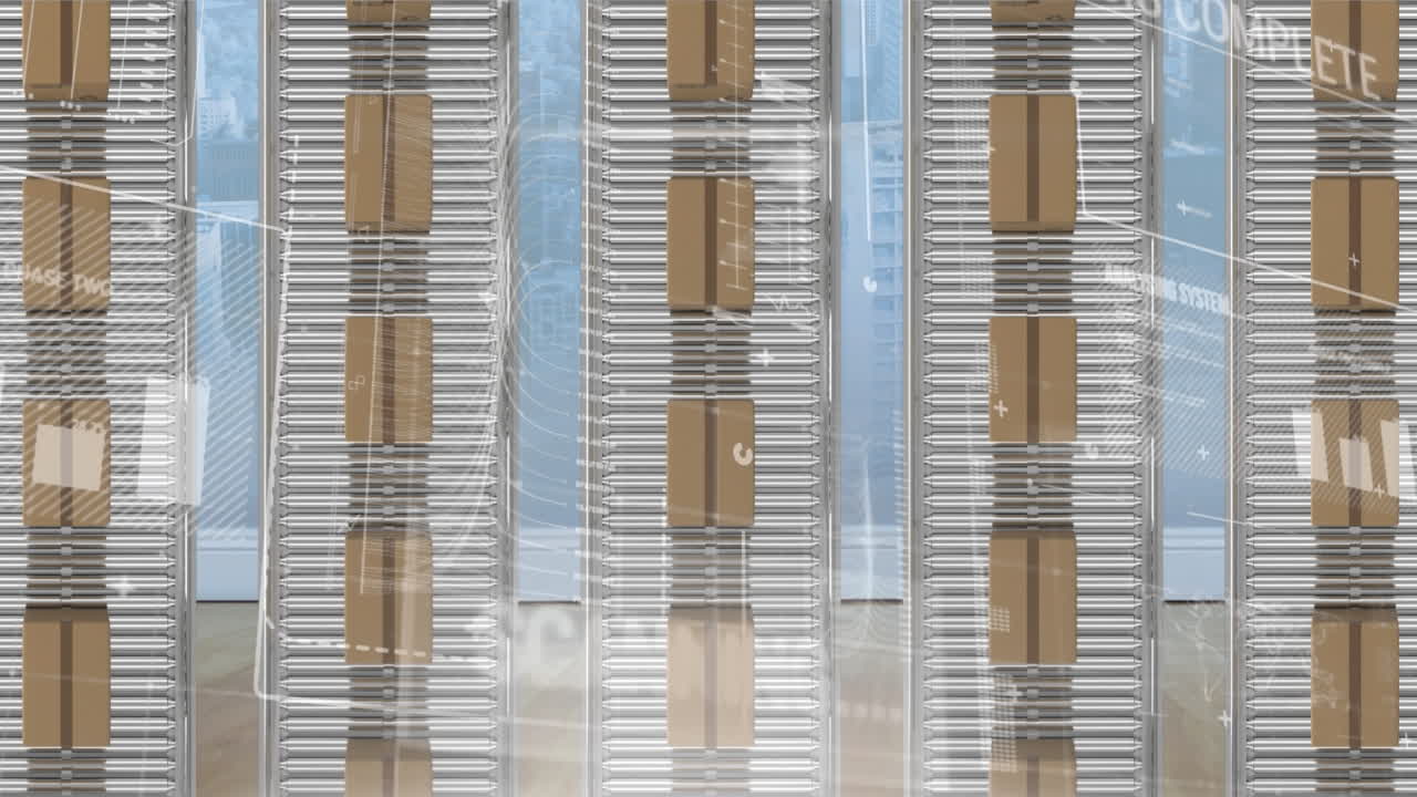 animación del procesamiento de estadísticas sobre cajas de cartón en cintas transportadoras