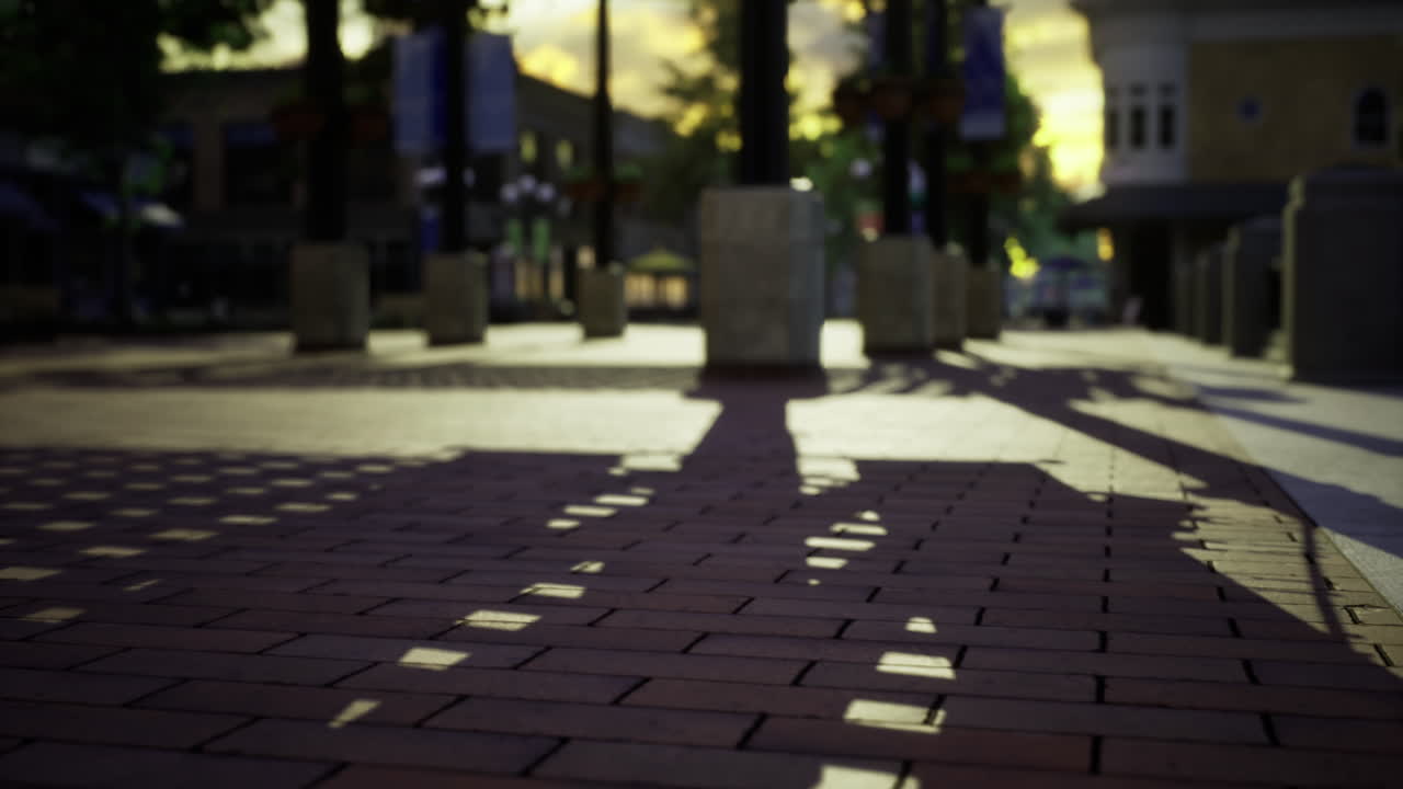 Shadows dance on a vibrant street as daylight begins to fade away