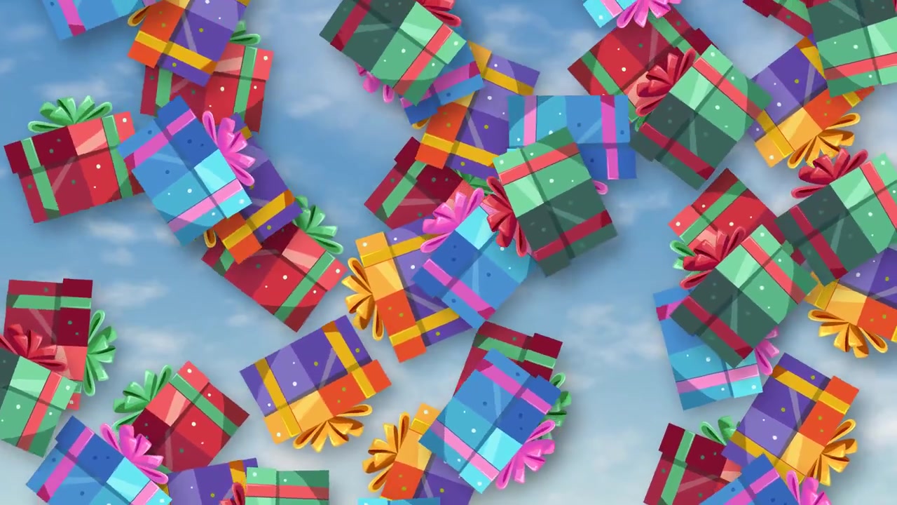 Animazione di scatole regalo colorate e impacchettate che cadono continuamente su uno sfondo di cielo azzurro brillante