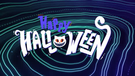 happy halloween text animation with neon swirling lines in background