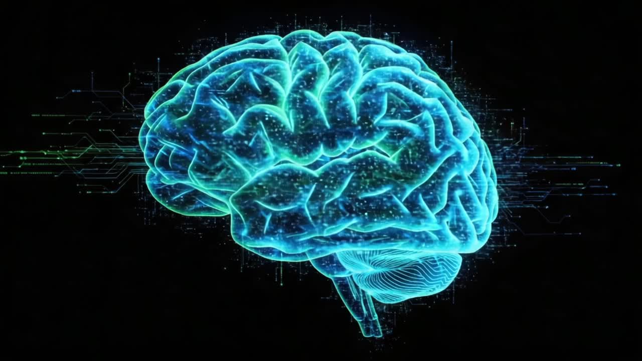 A Visualization of a Human Brain with Neon Blue and Green Colors, Surrounded by Digital Patterns, Signifying Advanced Mental Processes and Technology Integration